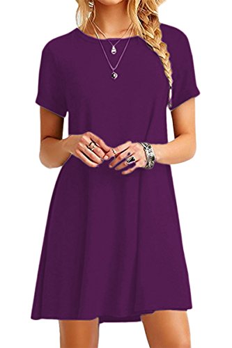 Yming Damen Frühling Sommer Kleid Casual Kurzarm Tunika Rundhals Basic Blusenkeid Mini Dunkel Violett S/DE 36 von Yming