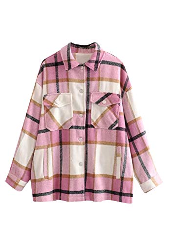 Yming Damen Karierte Baggy Hemdbluse mit Knöpfen Langarm Oversize Hemdjacke Mode Boyfreind Bluse F-Rosa XL von Yming