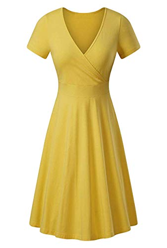 Yming Damen Knlelang Kleid Kurzarm Kleider Elegant Swing Kleid Gelb L von Yming