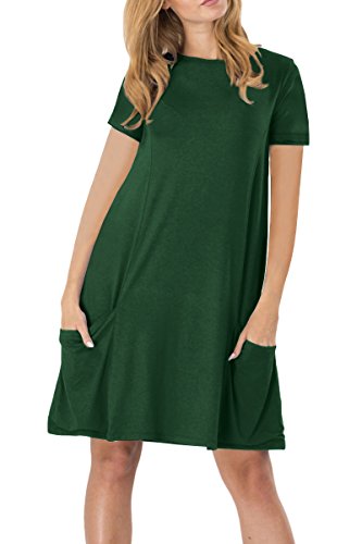 Yming Damen Kurzarm Kleid Lose T-Shirt Kleid Rundhals Casual Tunika mit Taschen Mini Kleid Grün L/DE 40-42 von Yming