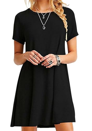 Yming Damen Kurzarm T-Shirt mit rundem Hals Minikleid lässige Tunika Oberteile locker sitzendes Swing Kleid Schwarz S von Yming