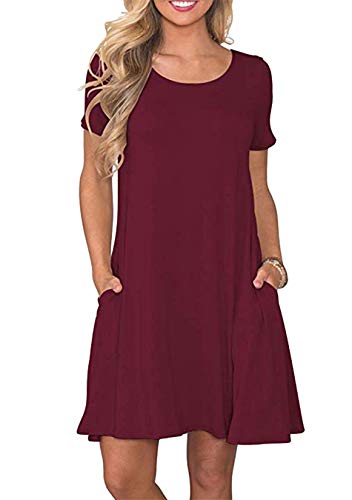 Yming Damen Kurzarm Taschen Kleid Lässige Kleid Locker geschnittenes Swing-Kleid Rundhals-T-Shirt MiniKleid Weinrot 2XL von Yming