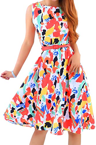 Yming Damen Midi Sommerkleid Rockabilly Kleid Cocktailkleid Retro Faltenrock Ärmellos Partykleid Bunt XL von Yming