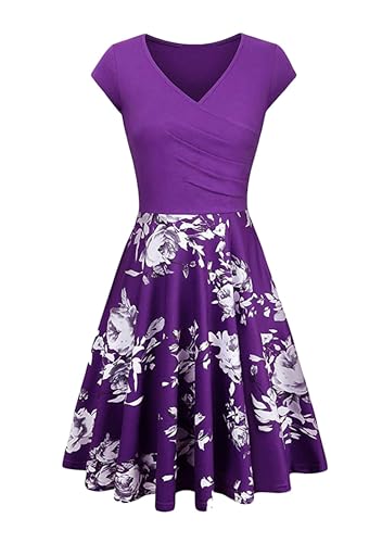 Yming Damen Kurzarm Kleid mit V-Ausschnitt Semi-formales Elegantes Kleid Blumendruckes Kleid Plissee-Schaukelkleid Lila Blumen S von Yming