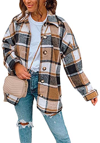 Yming Frauen Plaid Tops Shirt Jacke Frauen Revers Filz Jacke Holzfäller Jacke Shirt Bluse Langarm Check Shirt Kariertes Bluse Shirt Langer Freund Mantel Casual Lose Tunika Braun L von Yming