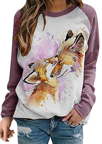 Yming Frauen 3D Tiere Sweatshirts Baggy Rundhals Oberteil Frizeit Langarm Sweatshirts Fuchs L von Yming