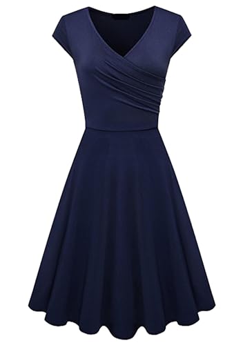 Yming Damen Elegant Blumendruckes Kleid Midikleid Sexy Cocktailkleid V-Ausschnitt Partykleid Audrey Dunkle Blau M von Yming