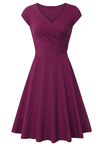 Yming Frauen Casual A-Linie Kleid V-Ausschnitt Kleid Einfarbig Flügelärmel Kleid Dunkelrot M von Yming