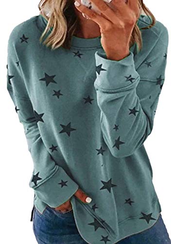 Yming Frauen Casual Langarmshirt Fünfzackiges Star Bluse Sweatshirt Freizeit Oberteil Hellblau XXL von Yming