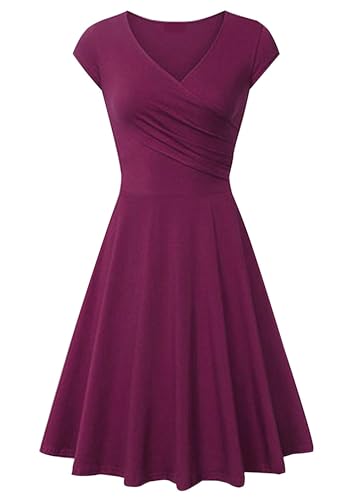 Yming Frauen Audrey Elegantes Blumendruckes Kleid Kurzarm Kleid mit V-Ausschnitt Party Cocktail Dunkle Rot L von Yming