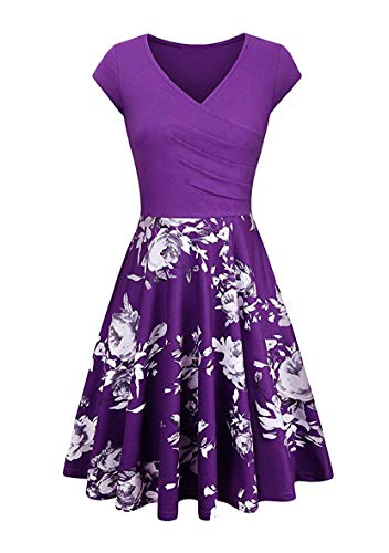 Yming Frauen Elegantes Swing Kleid Blumen Flügelärmel Kleid Sexy Skater Kleid Blumen/Violett XL von Yming