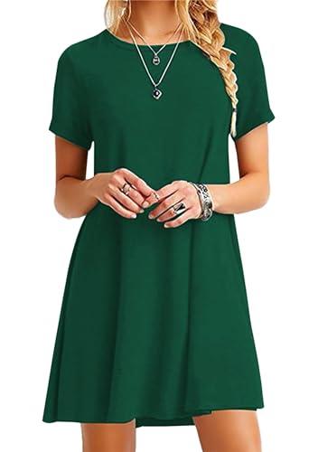 Yming Frauen Kurzarm T-Shirt mit rundem Hals Minikleid lässige Tunika Oberteile locker sitzendes Swing Kleid grünes Kleid L von Yming