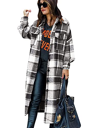 Yming Frauen Langarm Holzfällershirt Karierte Jacke Knöpfe Lang Jacke Oversized HK-Schwarz L von Yming