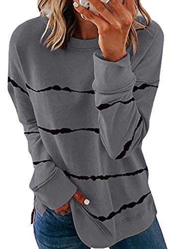 Yming Frauen Lose Rundhals Tops Langarm Streifen Sweatshirt Baggy Oberteil Dunkelgrau 3XL von Yming