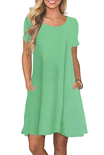 Yming Frauen Lose T-Shirt Kleid Rundhals Kleid mit Taschen Kleid Mini Kleid Hellgrün M/DE 38-40 von Yming