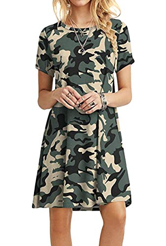 Yming Frauen Lose Tarnmuster Kleid Kurzarm Kleid Mini Sommerkleid Rundhals Kleid Große Größe Tarnmuster XXXXXL/DE 50 von Yming