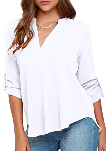 Yming Damen Button Down 3/4 Sleeve Shirt Sexy V Neck Shirt Tops Plus Size Weiß XXL von Yming