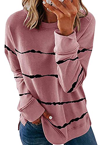 Yming Frauen Rundhals Sweatshirt Lässige Streifen Bluse Langarm Oberteil Rosa XL von Yming