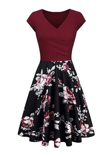 Yming Damen Audrey Elegantes Blumendruckes Kleid Midikleid Sexy Cocktailkleid V-Ausschnitt Partykleid Weinrot Blumen XL von Yming