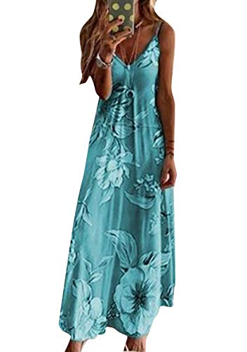 Yming Frauen V-Ausschnitt Kleid Ärmellos Kleid Boho Urlaubskleid Maxikleid Himmelblau M von Yming