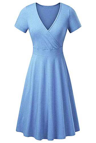 Yming Frauen V-Ausschnitt Kleid Elegant Kurzarm Kleid Sexy Knielang Kleid Hellblau S von Yming