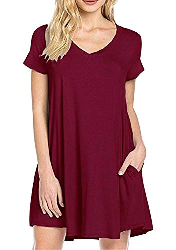 Yming Frauen V-Ausschnitt Kleid Kurzarm Kleid Basic Freizeitkleid Weinrot 4XL von Yming