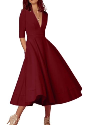 Yming Frauen Sexy Formale Cocktail Midi Kleid Sommer Elegant Deep V Neck Swing Hem Plissee Kleid Burgundy 2XL von Yming