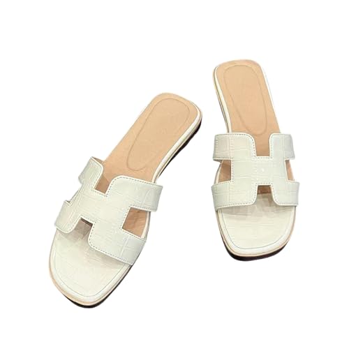 YMKJZLBD hausschuhe damen Sheepskin Summer Lazy H Sandalen Modische Vielseitige Strand Flache Weiße Für Frauen-elfenbeinweiß-38 von YMKJZLBD