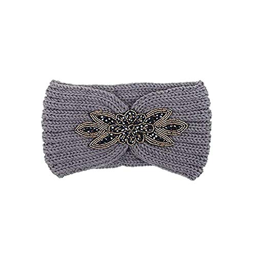 1 x Damen Pailletten-Strick-Haarband, Blume, Strass, Perlen, Ohrwärmer, breiter Kopfwickel (grau) von YMLOVE