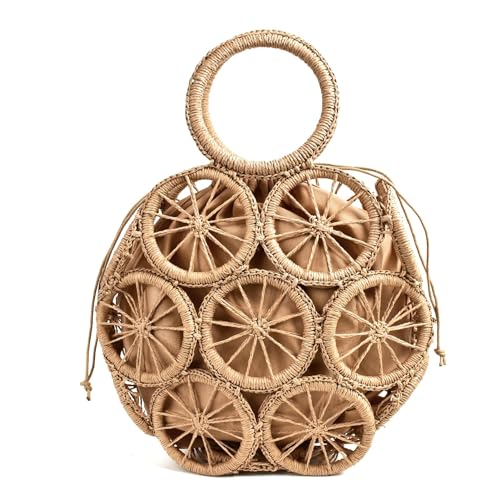 YMYGCC Stroh Strandtasche für Frauen Mode Rattan Hollow Round Stroh Bags Wicker gewebt Frauen Handtaschen Sommer Beach Schulter Crossbody Taschen lässig Lady 489 (Color : Dark Brown) von YMYGCC