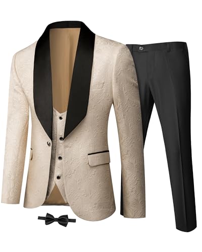YND 3-teiliges Luxus-Smoking-Set für Herren, Jacquard-Smoking-Set, schmale Passform, Schal, Revers, Jacke, Weste und Hose mit Fliege, Premium-Smoking für Herren, Beige, XX-Large von YND