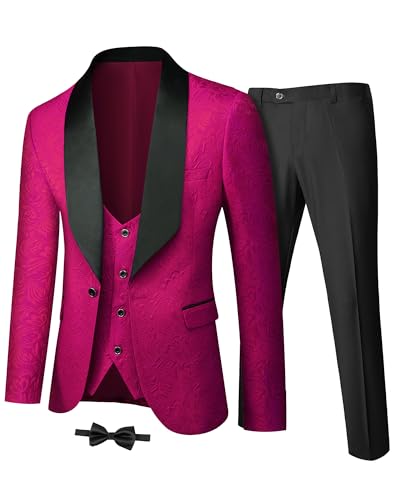 YND Herren-Smoking-Set, schmale Passform, Schalkragen, Jacquardjacke, Weste, Knopfhose, 3-teilig, Fuchsia, XX-Large von YND
