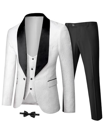 YND Herren 3-teiliges Slim Fit Smoking Anzug Set, Ein-Knopf Schalkragen Jacquard Jacke Weste Hose mit Fliege, Weiß, L YND Herren 3-teiliges Slim Fit Smoking Anzug Set, Ein-Knopf Schalkragen Jacquard Jacke Weste Hose mit Fliege, Weiß, L von YND