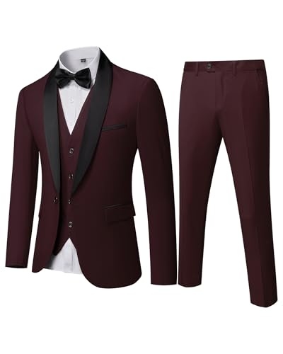 YND Herren 3-teiliges Slim Fit Smoking-Set, Ein-Knopf-Schalkragen, solide Jacke Weste Hose mit Fliege, burgunderfarben, XX-Large von YND