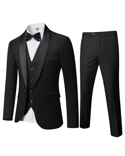 YND Herren 3-teiliges Slim Fit Smoking-Set, Ein-Knopf-Schalkragen, solide Jacke Weste Hose mit Fliege, schwarz, XX-Large von YND