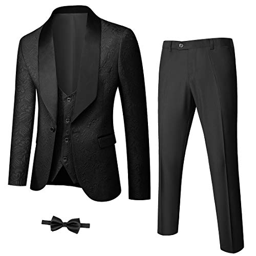 YND Herren 3-teiliges Smoking-Set, Ein-Knopf-Schalkragen, Jacquard-Jacke, Weste, Hose mit Fliege, Schwarz, XS von YND