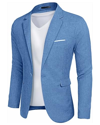 YND Herren Casual One Button Leinen Anzugjacke Slim Fit Sport Mantel Leichter Business Blazer, Hell, blau, L von YND