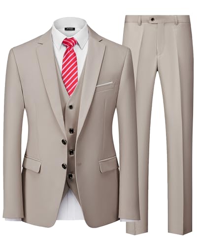 YND Herren-Anzug-Set, schmale Passform, 2 Knöpfe, 3-teilig, einfarbig, Blazer, Jacke, Weste, Hose und Krawatte, Beige, S YND Herren-Anzug-Set, schmale Passform, 2 Knöpfe, 3-teilig, einfarbig, Blazer, Jacke, Weste, Hose und Krawatte, Beige, S von YND