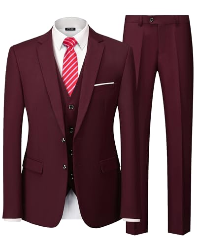 YND Herren-Anzug-Set, schmale Passform, 2 Knöpfe, 3-teilig, einfarbig, Blazer, Jacke, Weste, Hose und Krawatte, Burgunder, M YND Herren-Anzug-Set, schmale Passform, 2 Knöpfe, 3-teilig, einfarbig, Blazer, Jacke, Weste, Hose und Krawatte, Burgunder, M von YND