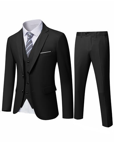 YND Herren Slim Fit 2 Knöpfe 3-teiliges Anzug-Set Solide Blazer Jacke Weste Hose & Krawatte, Schwarz, XX-Large von YND