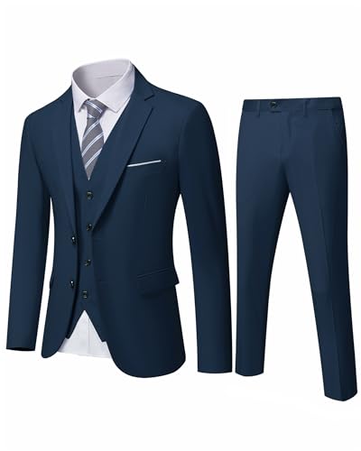 YND Herren Slim Fit 2 Knöpfe 3-teiliges Anzug-Set Solide Blazer Jacke Weste Hose & Krawatte, Tiefes Blau, 3XL von YND