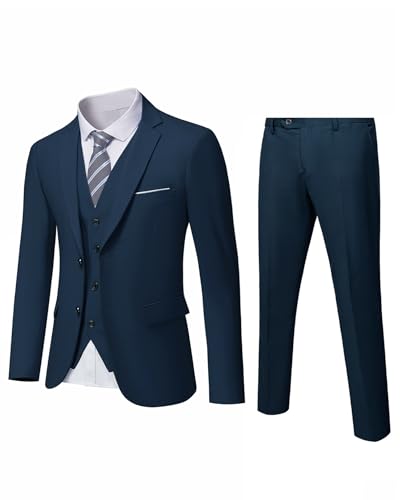 YND Herren Slim Fit 2 Knöpfe 3-teiliges Anzug-Set Solide Blazer Jacke Weste Hose & Krawatte, dunkelblau, XX-Large von YND