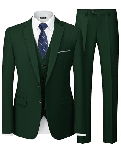 YND Herren Slim Fit 2 Knöpfe 3-teiliges Anzug-Set Solide Blazer Jacke Weste Hose & Krawatte, dunkelgrün, XX-Large von YND