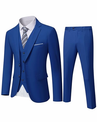 YND Herren Slim Fit 2 Knöpfen 3-teiliges Anzug-Set, solide Blazer Jacke Weste Hose & Krawatte, Saphir, XX-Large von YND