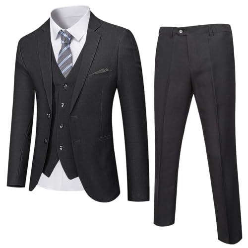 YND Herren Slim Fit 2 Knöpfen 3-teiliges Anzug-Set, solide Blazer Jacke Weste Hose & Krawatte, Schwarz - Black Plaid, XX-Large von YND