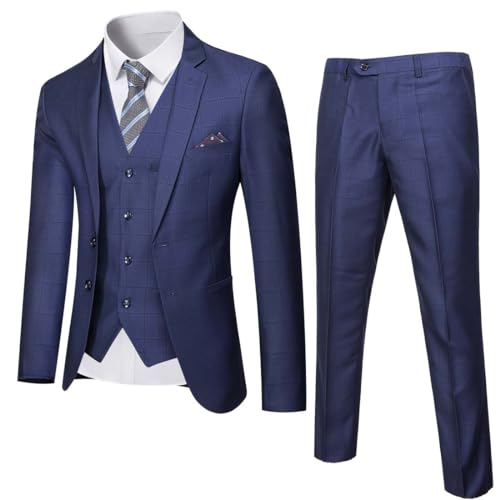 YND Herren Slim Fit 2 Knöpfen 3-teiliges Anzug-Set, solide Blazer Jacke Weste Hose & Krawatte, Tiefblau - Black Plaid, XL von YND
