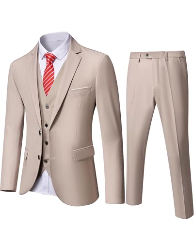 YND Herren Slim Fit 2 Knöpfen 3-teiliges Anzugset Solid Blazer Jacke Weste Hose & Krawatte, beige, M von YND