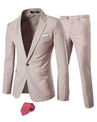 YND Herren Slim Fit 2-teiliger Anzug, EIN-Knopf-Jacke, Hosen-Set mit Krawatte, Beige, S YND Herren Slim Fit 2-teiliger Anzug, EIN-Knopf-Jacke, Hosen-Set mit Krawatte, Beige, S von YND