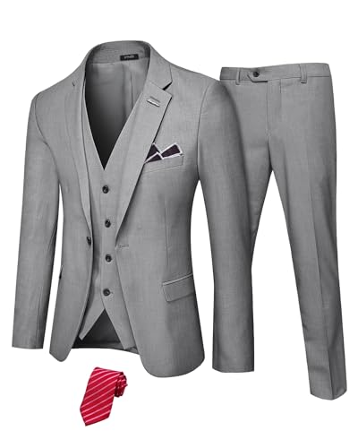 YND Herren 3-teiliges Anzug-Set mit Stretch-Stoff, schmale Passform, Ein-Knopf-Jacke, Weste, Hose, Abschlussball, Party, Hochzeit, Business-Anzug, Hellgrau (Stretch-Stoff), L von YND