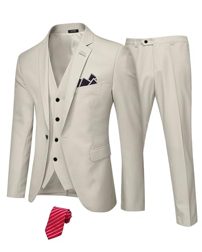 YND Herren 3-teiliges Anzug-Set mit Stretch-Stoff, schmale Passform, Ein-Knopf-Jacke, Weste, Hose, Abschlussball, Party, Hochzeit, Business-Anzug, Beige (Stretch-Stoff), XL von YND